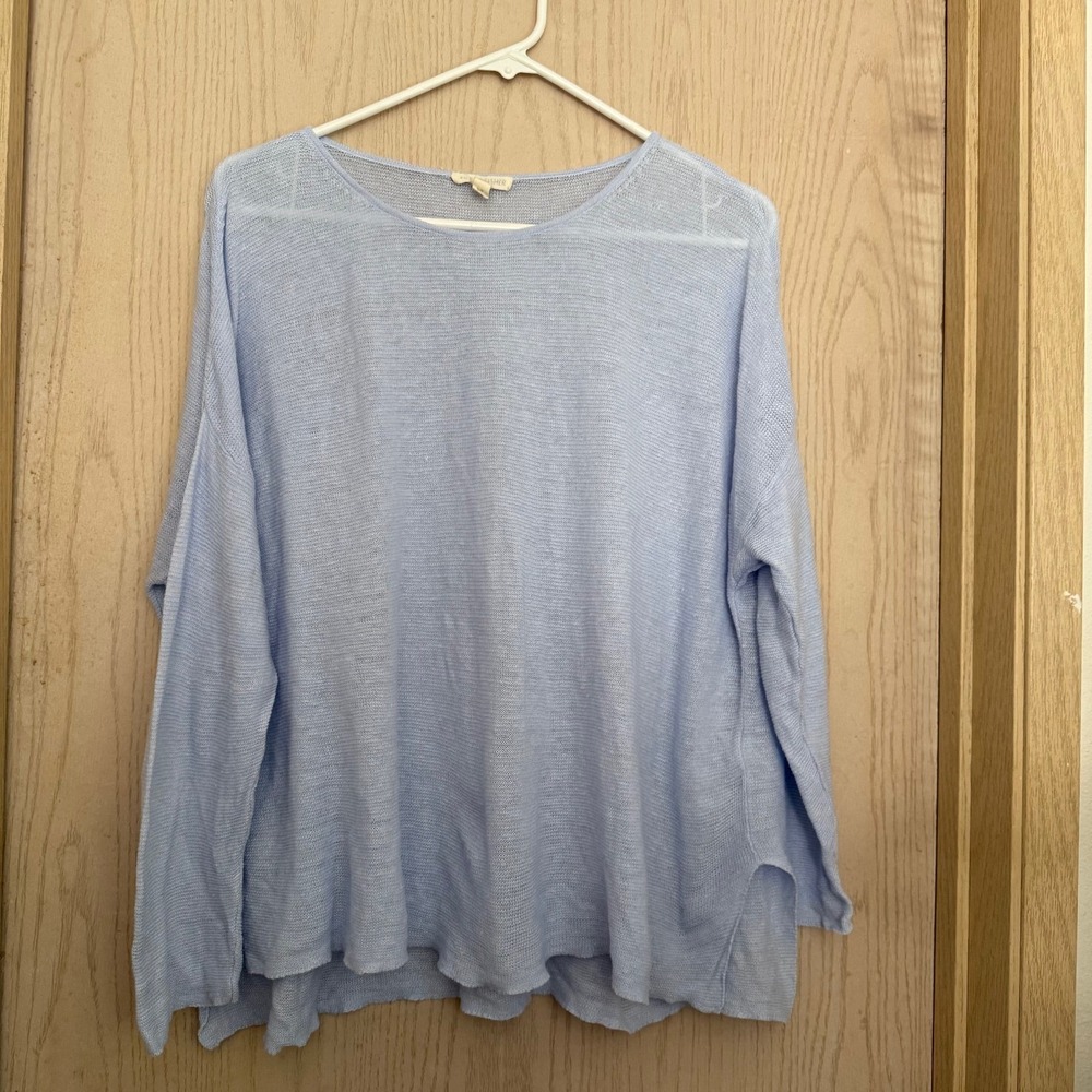 Eileen Fisher‎ Blue Linen Boxy Top S 100% Organic Relaxed Minimal Coastal FLAWS